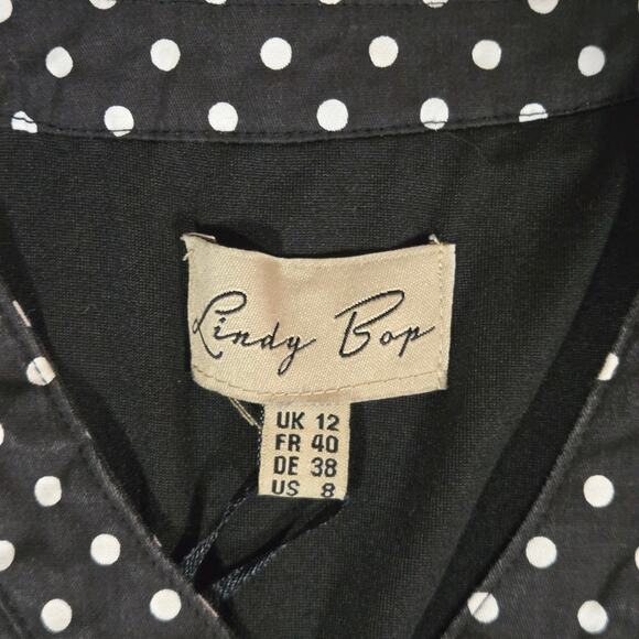 Lindy Bop 50s Style Black and White Polka Dot Midi Swing Dress Size 8 - Picture 4 of 10